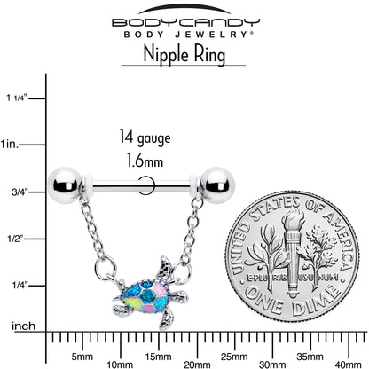 14G 9/16 Glitter Turtle Chain Dangle Nipple Ring Set