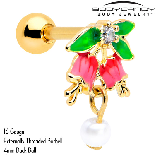 16G 1/4 Clear CZ Gem Gold Tone Bell Flower Cartilage Tragus Earring