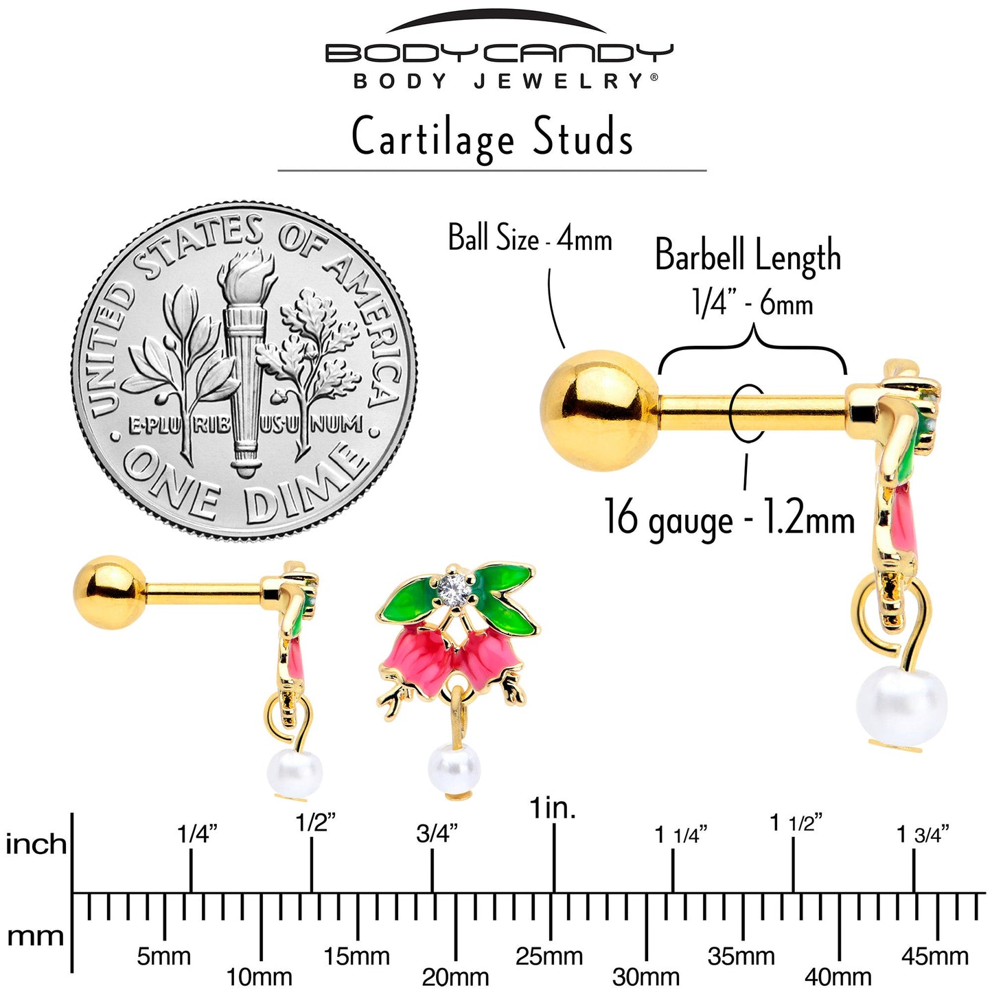 16G 1/4 Clear CZ Gem Gold Tone Bell Flower Cartilage Tragus Earring