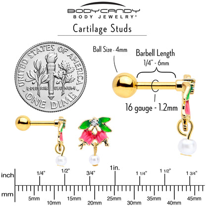 16G 1/4 Clear CZ Gem Gold Tone Bell Flower Cartilage Tragus Earring