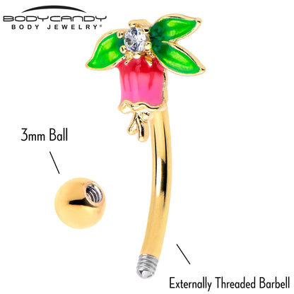 16G 5/16 Clear CZ Gem Gold Tone Bell Flower Curved Eyebrow Ring