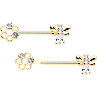 14G 9/16 Clear CZ Gem Gold Tone Bee Hive Luv Barbell Nipple Ring Set