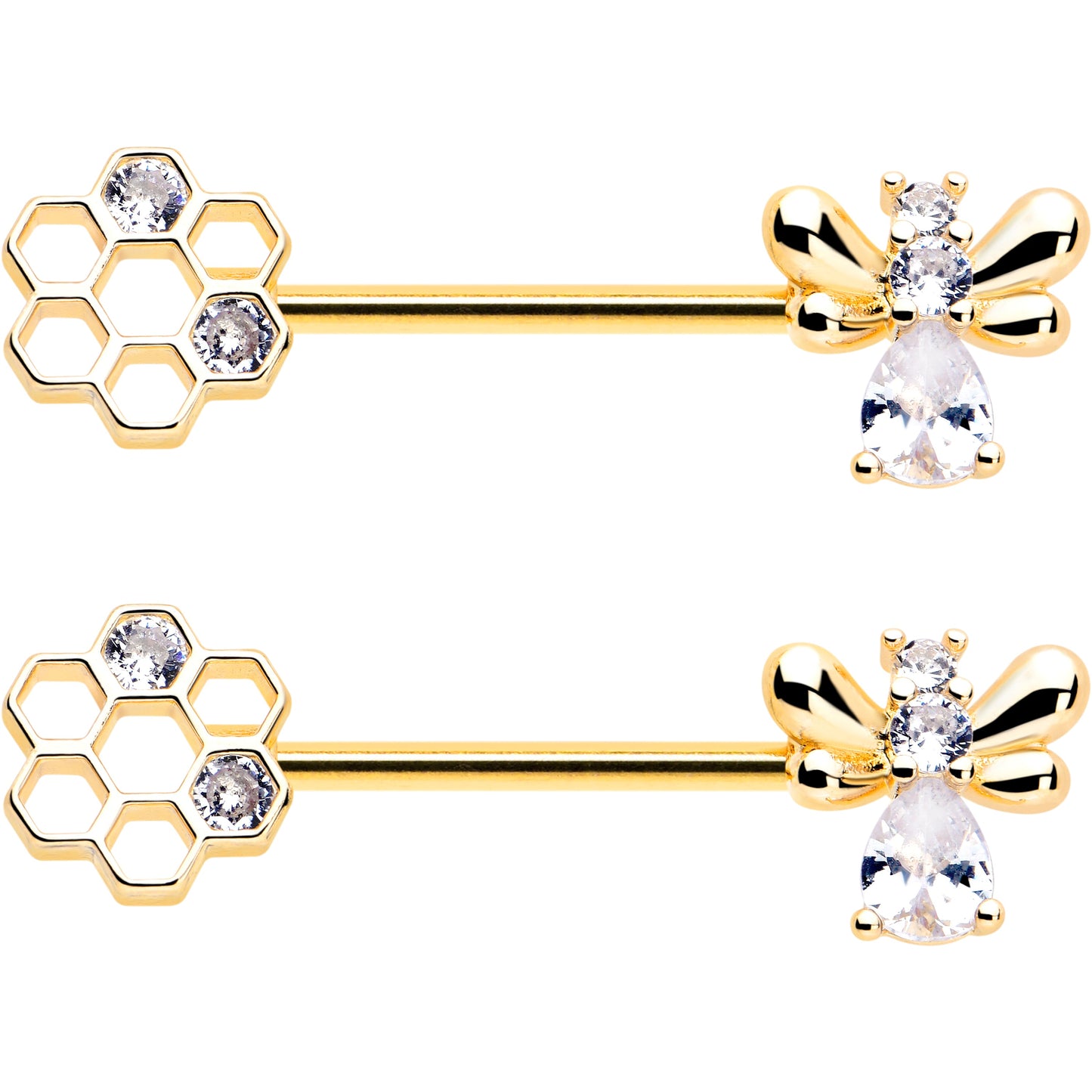 14G 9/16 Clear CZ Gem Gold Tone Bee Hive Luv Barbell Nipple Ring Set