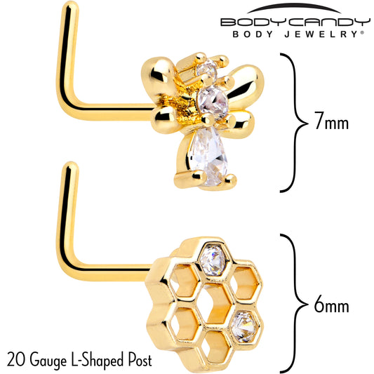 20G 7mm Clear CZ Gem Gold Tone Bee Hive Luv L Shape Nose Ring Set of 2