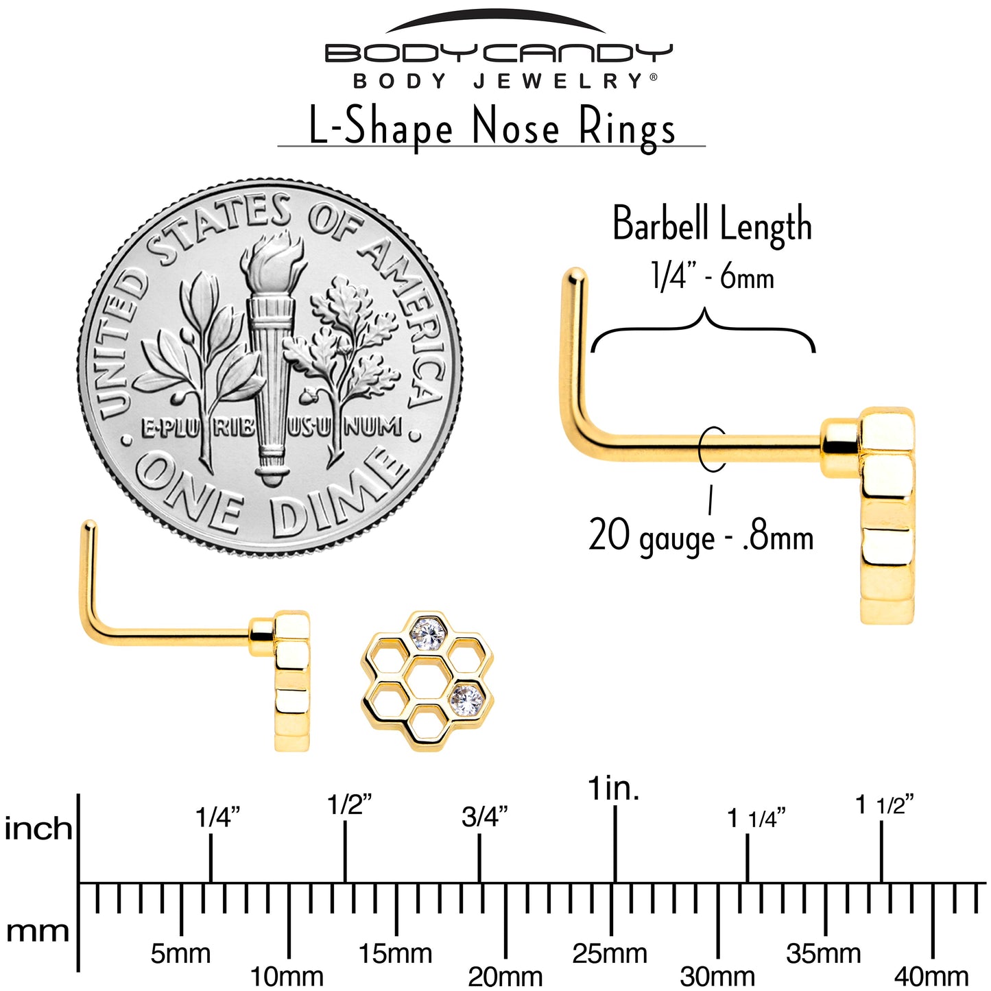 20G 7mm Clear CZ Gem Gold Tone Bee Hive Luv L Shape Nose Ring Set of 2