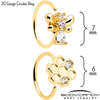 20G 5/16 Clear CZ Gem Gold Tone Bee Hive Luv Nose Hoop Set of 2