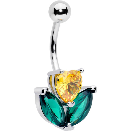 Green Yellow CZ Gem Love Flower Belly Ring