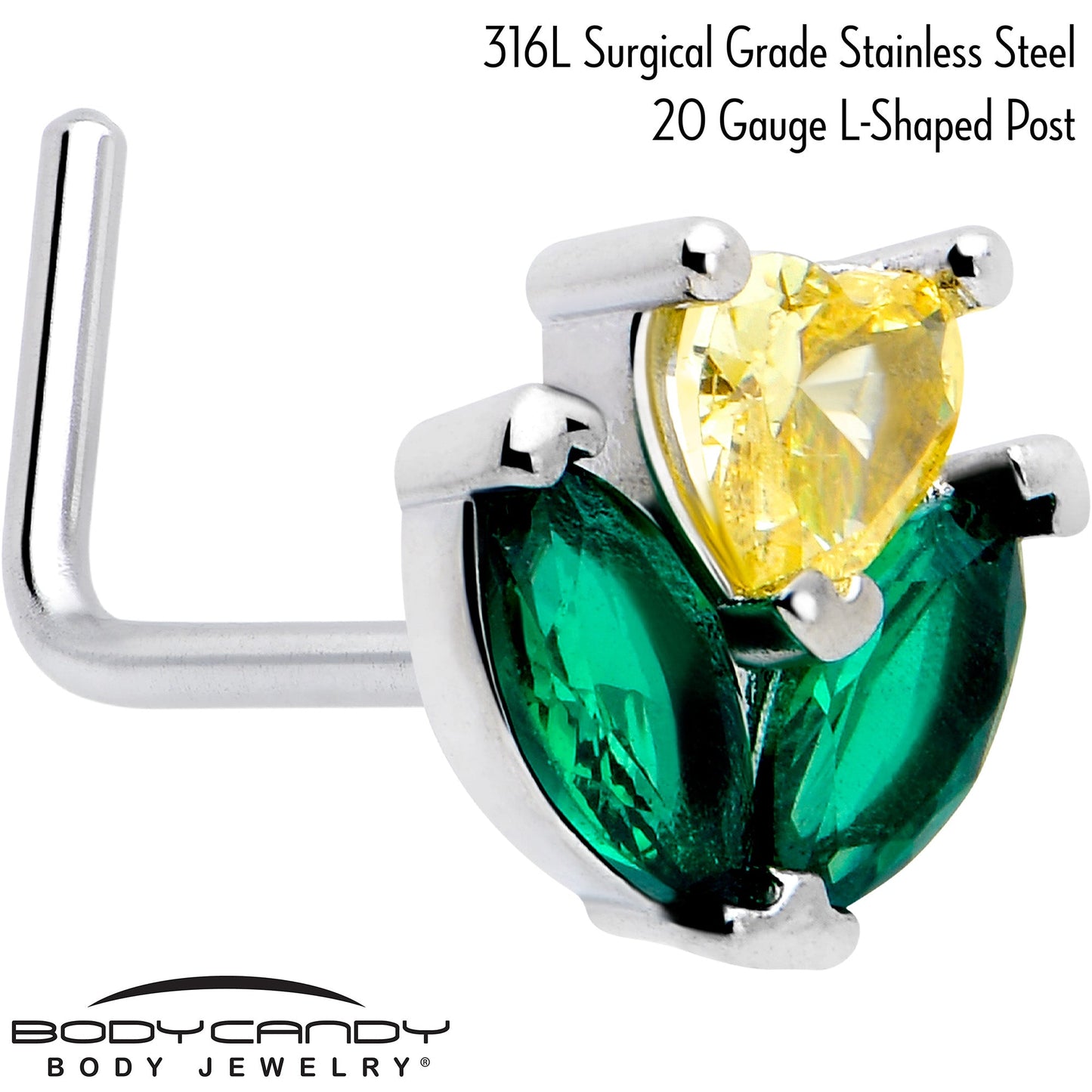 20G 7mm Yellow Green CZ Gem Love Flower L Shape Nose Ring