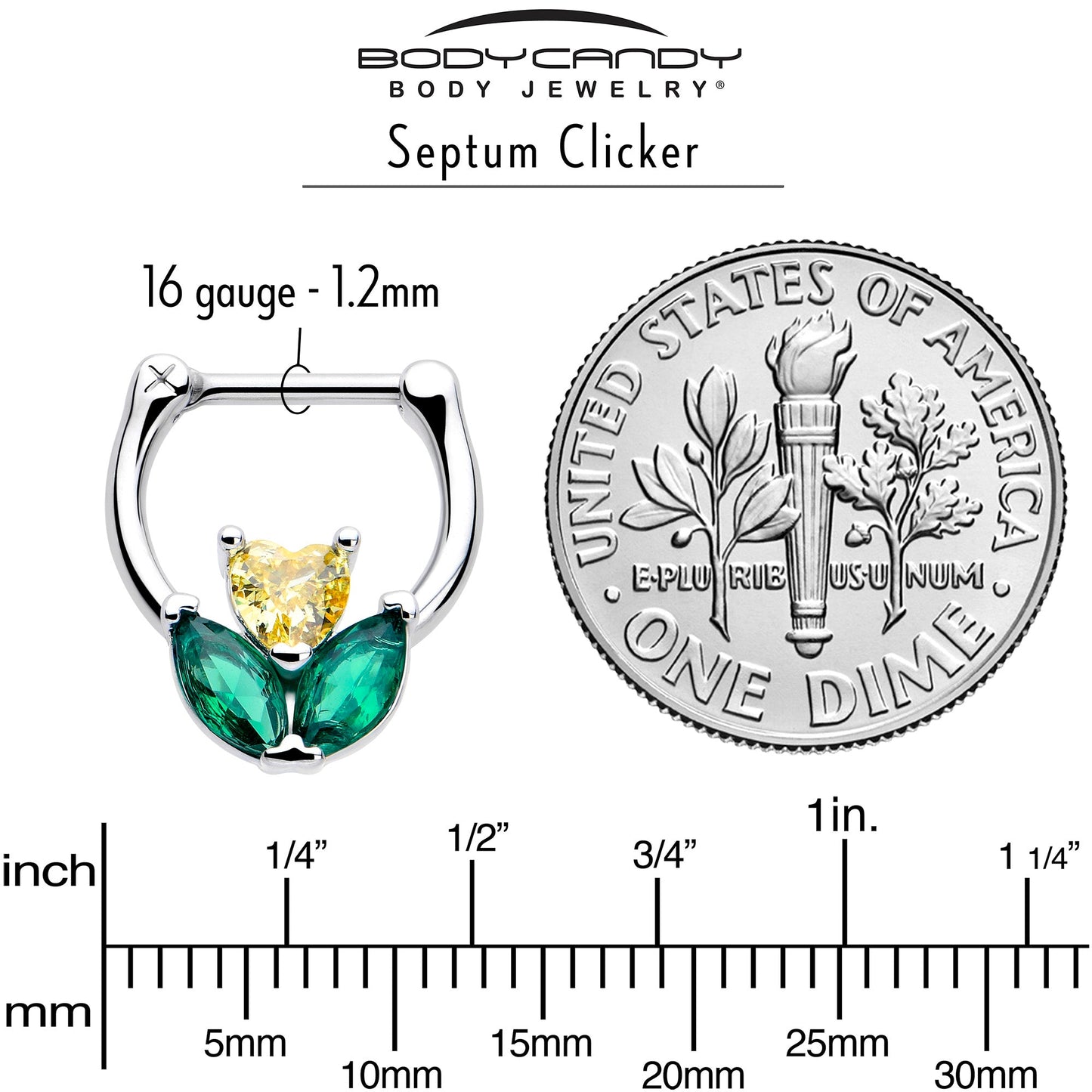 16G 5/16 Yellow Green CZ Gem Love Flower Cartilage Clicker