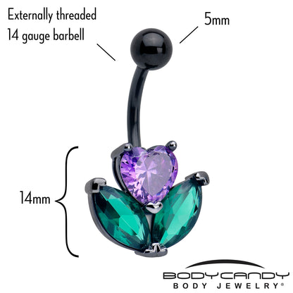 Purple Green CZ Gem Black Love Flower Belly Ring