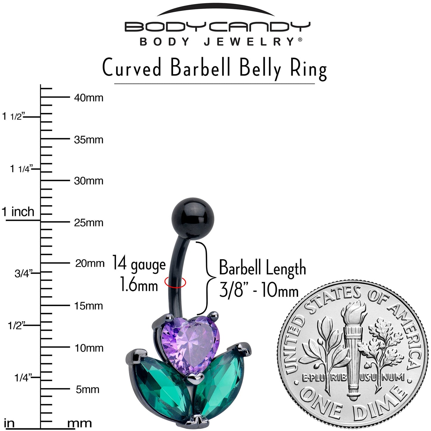 Purple Green CZ Gem Black Love Flower Belly Ring