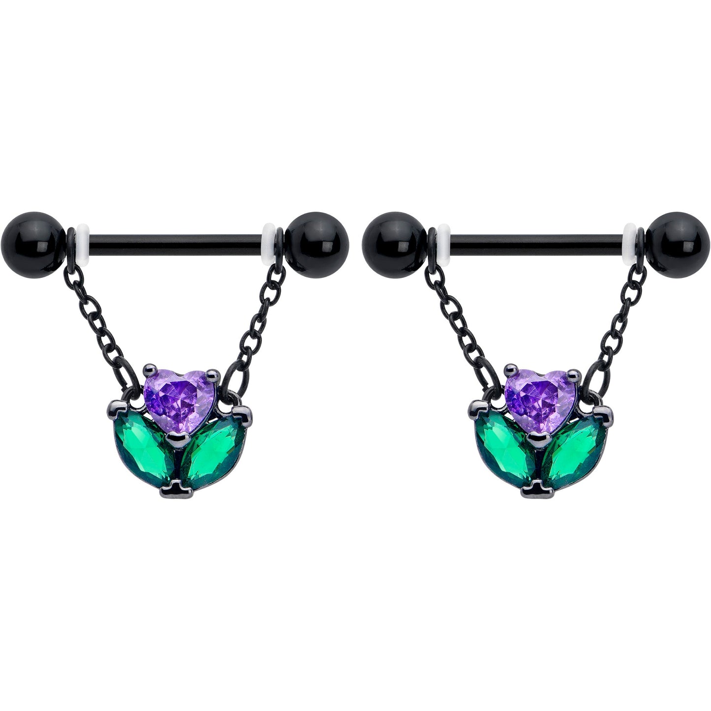 14G 9/16 Purple CZ Gem Black Love Flower Dangle Nipple Ring Set