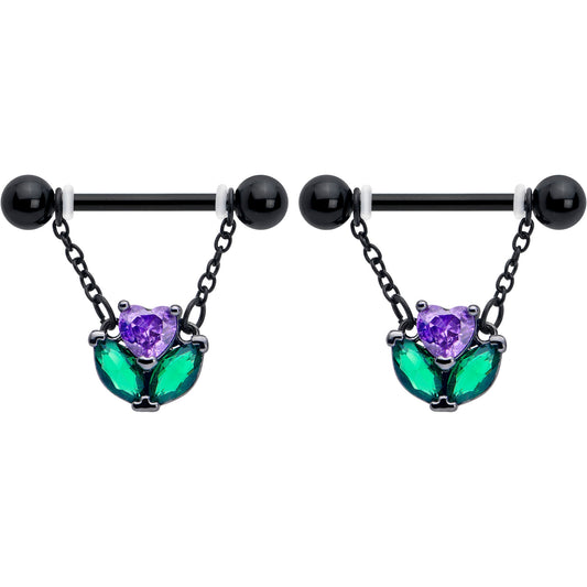 14G 9/16 Purple CZ Gem Black Love Flower Dangle Nipple Ring Set