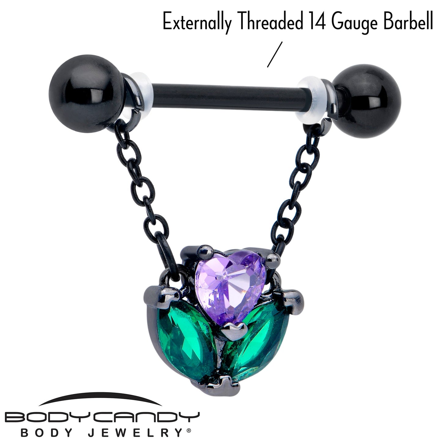 14G 9/16 Purple CZ Gem Black Love Flower Dangle Nipple Ring Set