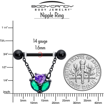 14G 9/16 Purple CZ Gem Black Love Flower Dangle Nipple Ring Set