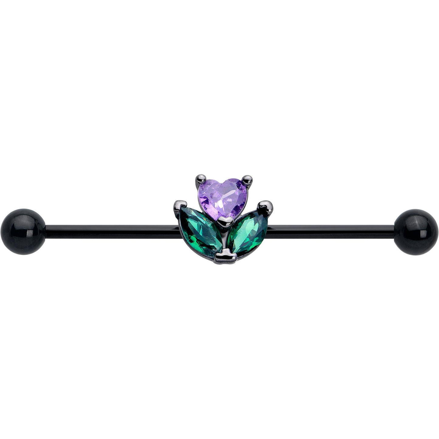 14G Purple Green CZ Gem Black Love Flower Industrial Barbell 38mm