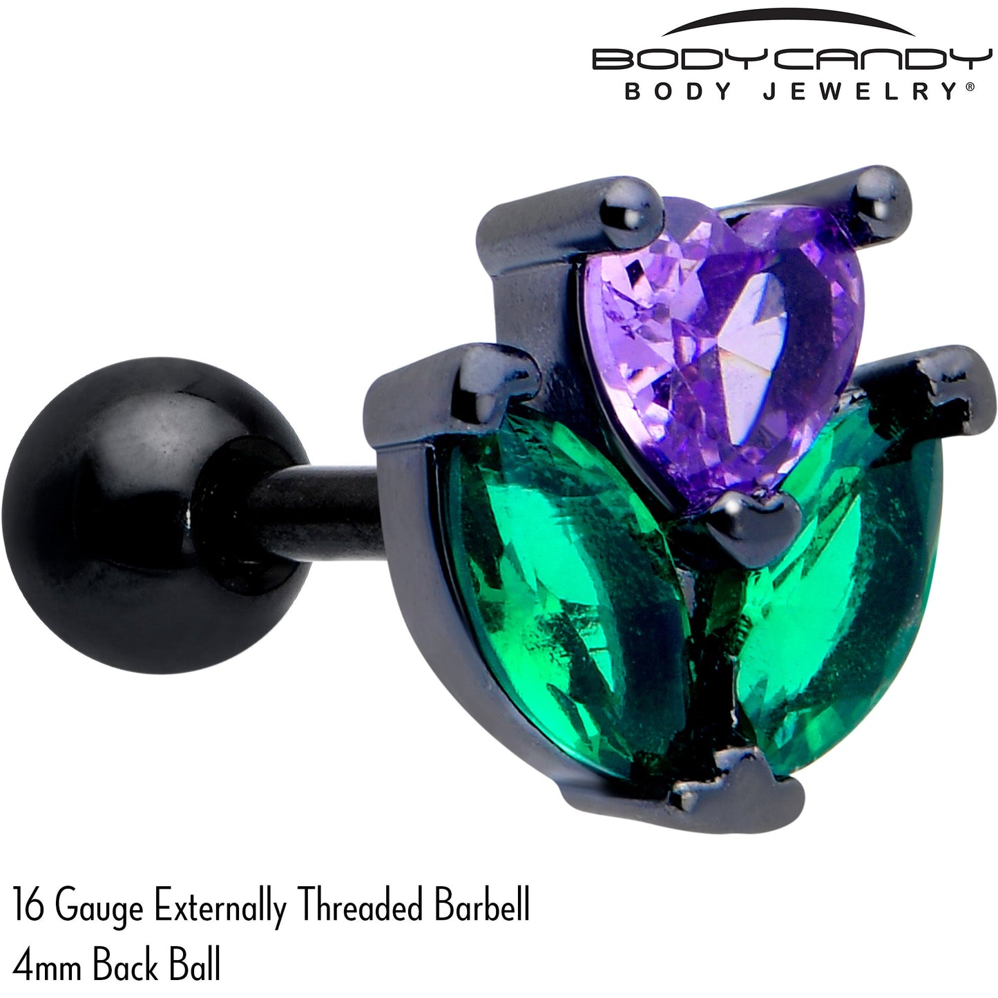 16G 1/4 Purple Green CZ Gem Black Love Flower Cartilage Earring