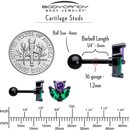 16G 1/4 Purple Green CZ Gem Black Love Flower Cartilage Earring