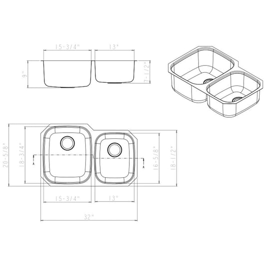 32" L x 20-5/8" W x 9" D Undermount 18 Gauge Stainless Steel 60/40 Double Bowl Sink