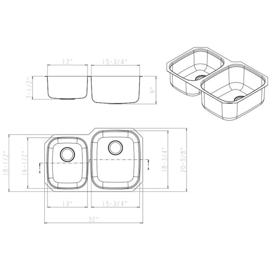 32" L x 20-5/8" W x 9" D Undermount 18 Gauge Stainless Steel 40/60 Double Bowl Sink