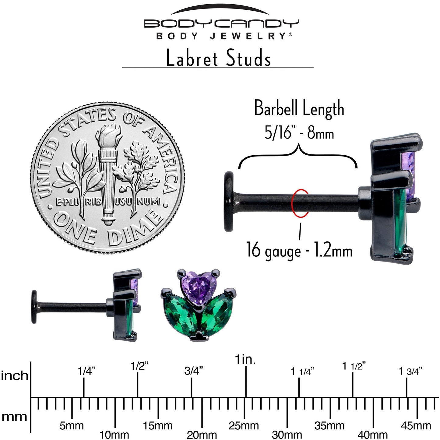 16G 5/16 Purple Green CZ Gem Black Love Flower Labret Monroe Tragus
