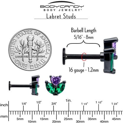 16G 5/16 Purple Green CZ Gem Black Love Flower Labret Monroe Tragus