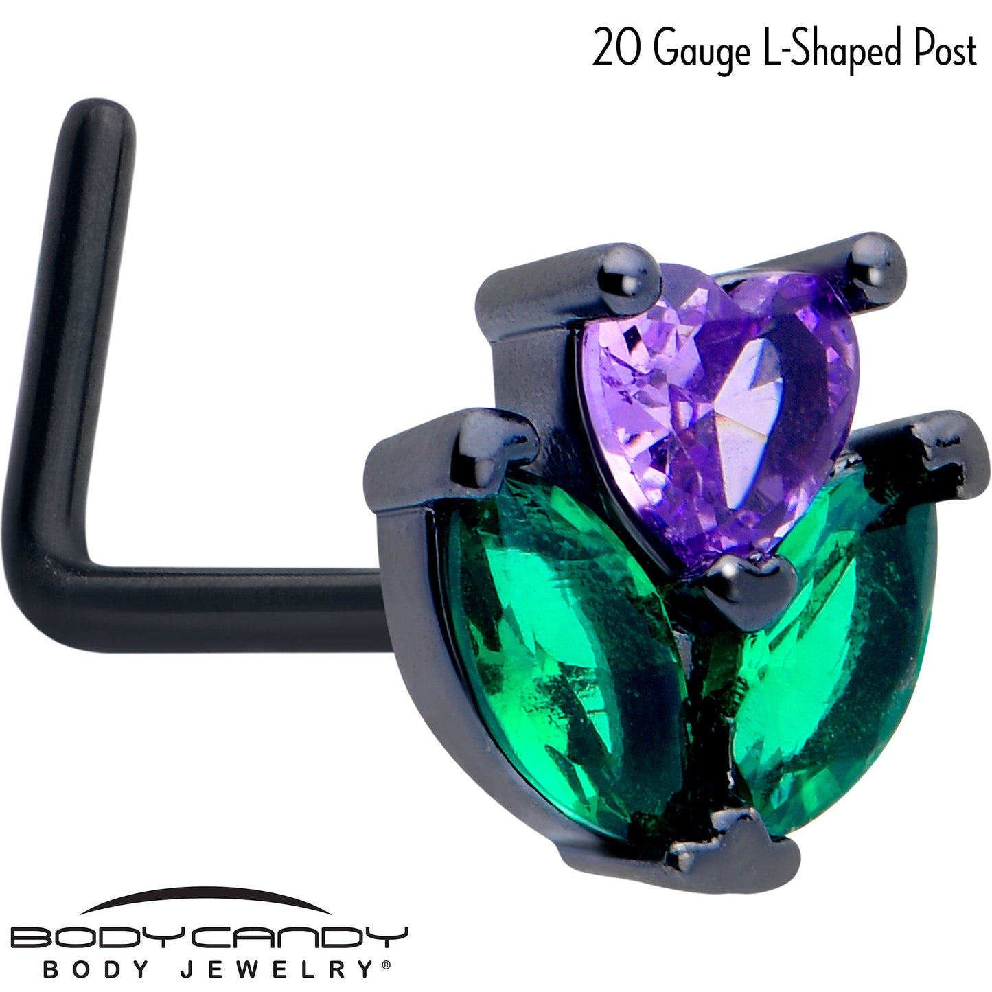 20G 7mm Purple Green CZ Gem Black Love Flower L Shape Nose Ring