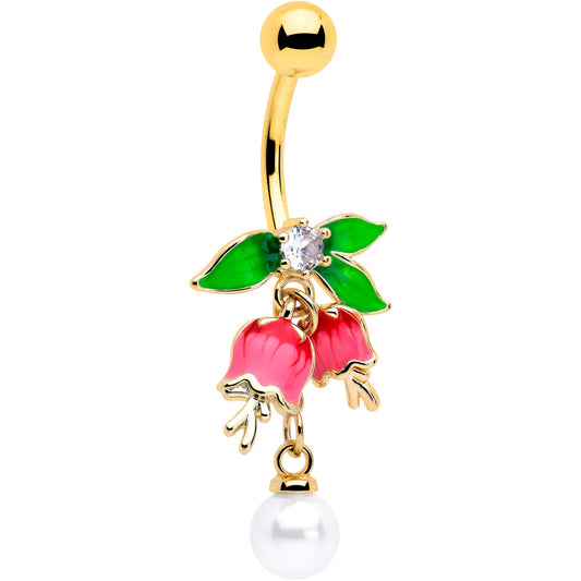 Clear CZ Gem Gold Tone Bell Flower Dangle Belly Ring