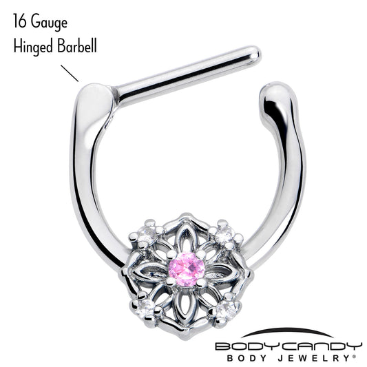16G 5/16 Pink Clear CZ Gem Flower Circle Cartilage Clicker