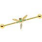 14G Green Gem Gold Tone Swank Dragonfly Dangle Industrial Barbell 38mm
