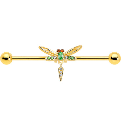 14G Green Gem Gold Tone Swank Dragonfly Dangle Industrial Barbell 38mm