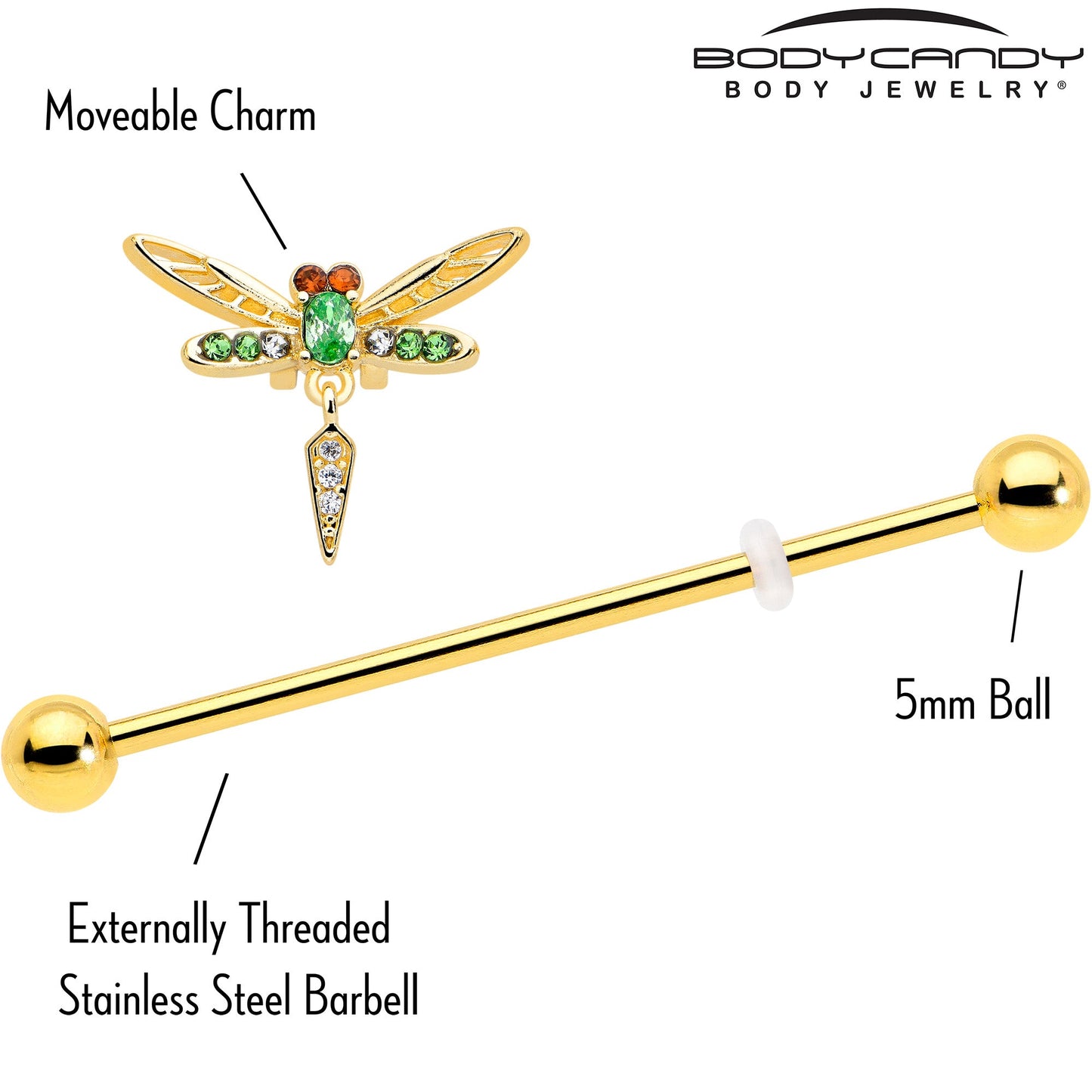 14G Green Gem Gold Tone Swank Dragonfly Dangle Industrial Barbell 38mm