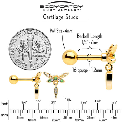 16G 1/4 Green Gem Gold Tone Swank Dragonfly Dangle Cartilage Earring
