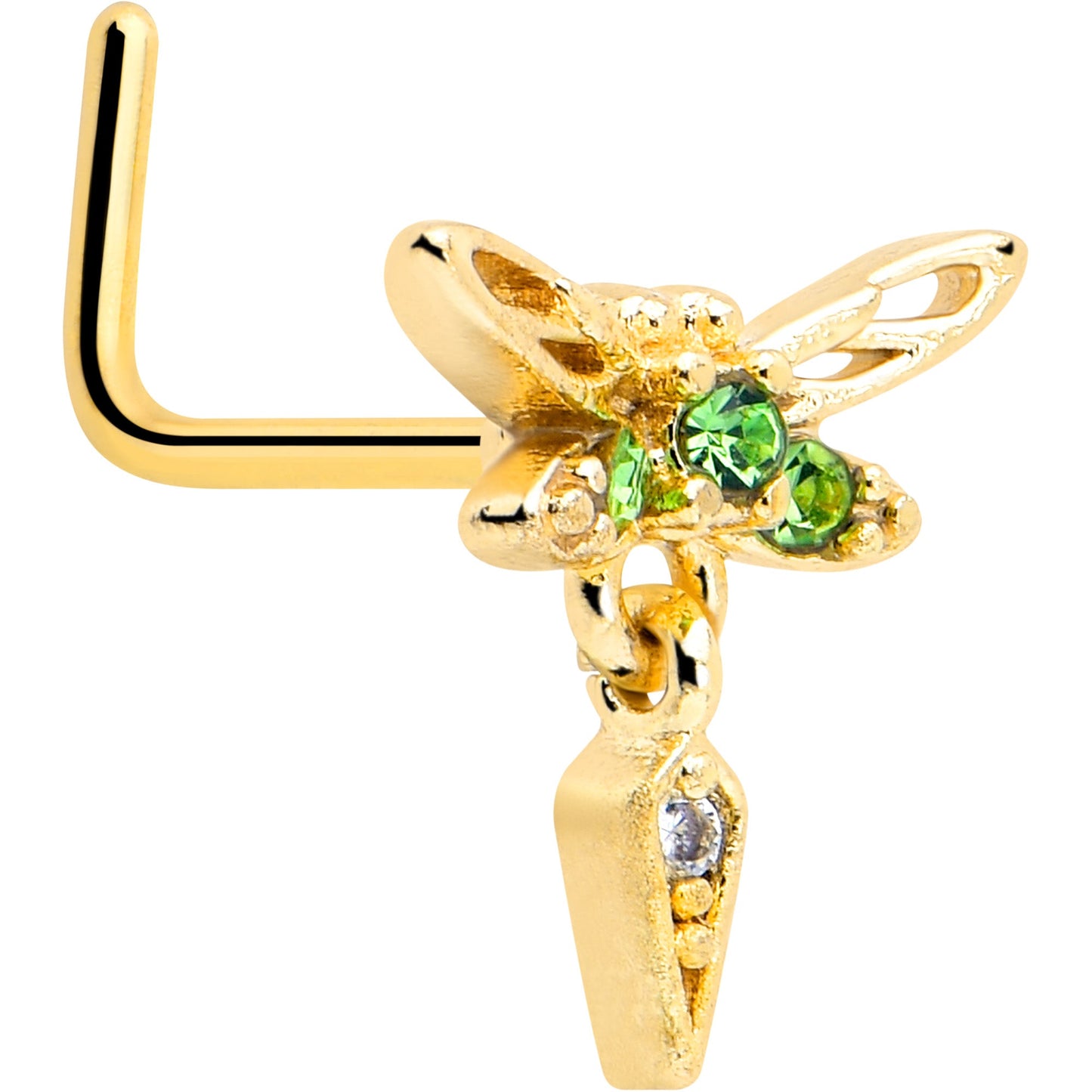 20G 7mm Green Gem Gold Tone Swank Dragonfly L Shape Nose Ring