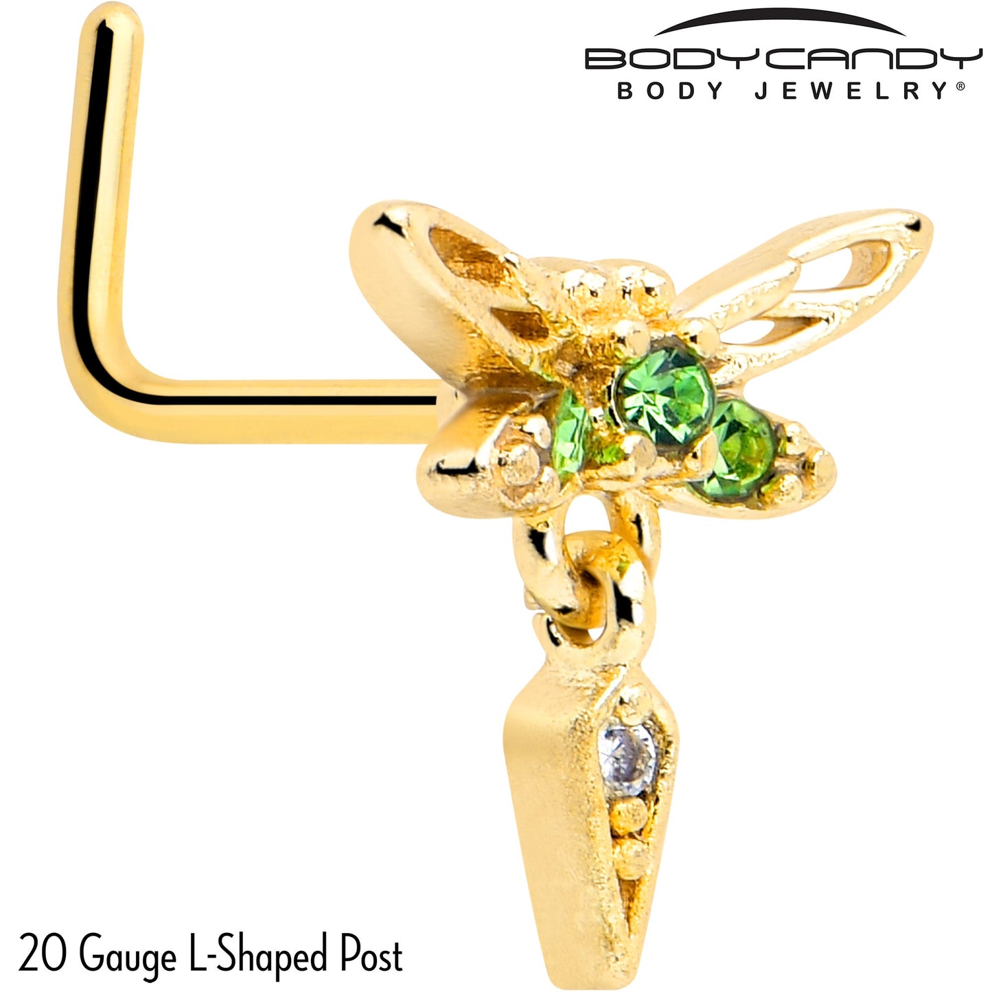 20G 7mm Green Gem Gold Tone Swank Dragonfly L Shape Nose Ring