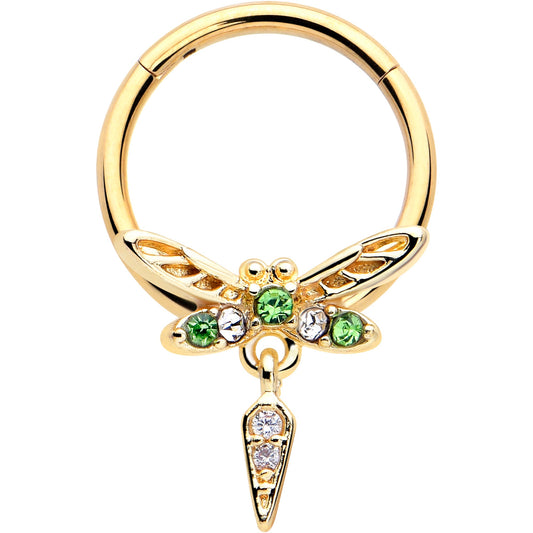 16G 3/8 Green Gem Gold Tone Swank Dragonfly Dangle Hinged Segment Ring