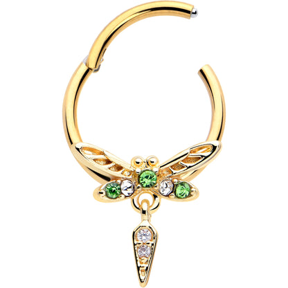 16G 3/8 Green Gem Gold Tone Swank Dragonfly Dangle Hinged Segment Ring