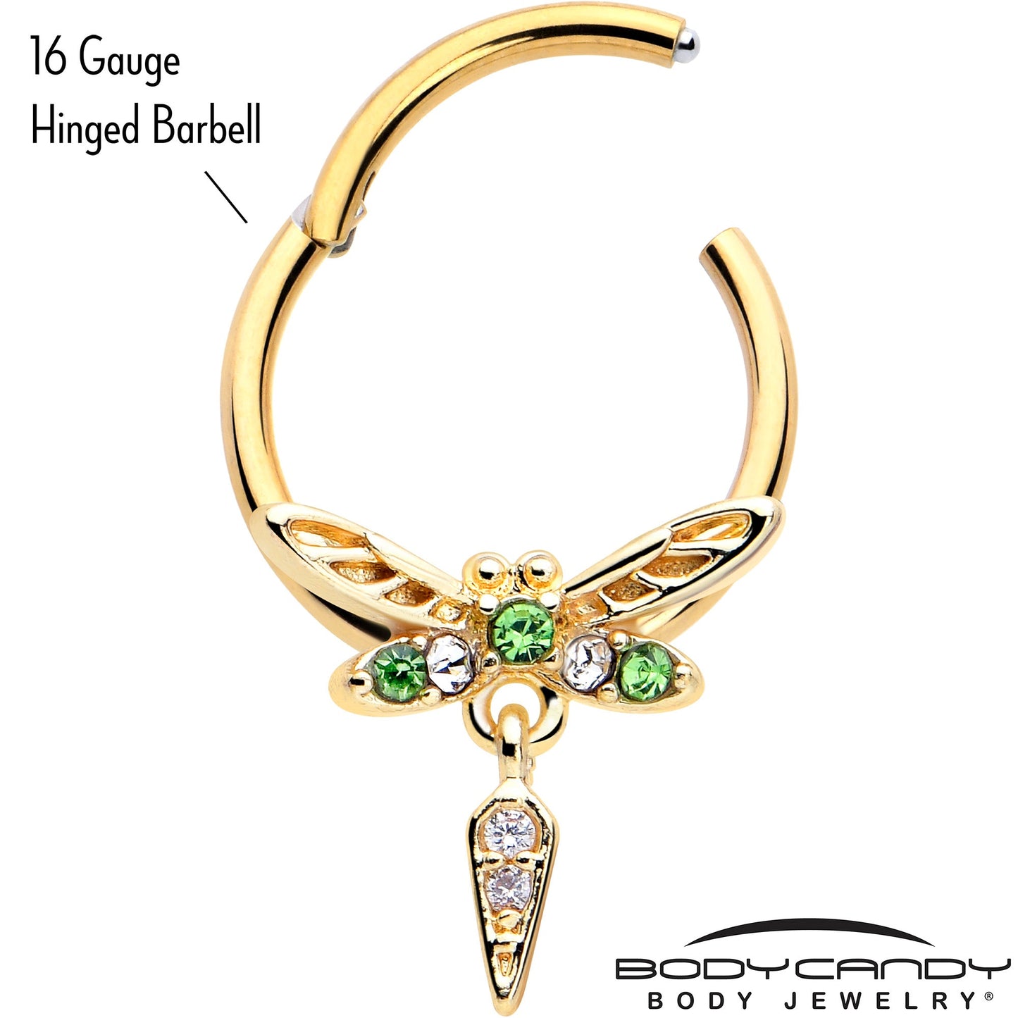 16G 3/8 Green Gem Gold Tone Swank Dragonfly Dangle Hinged Segment Ring