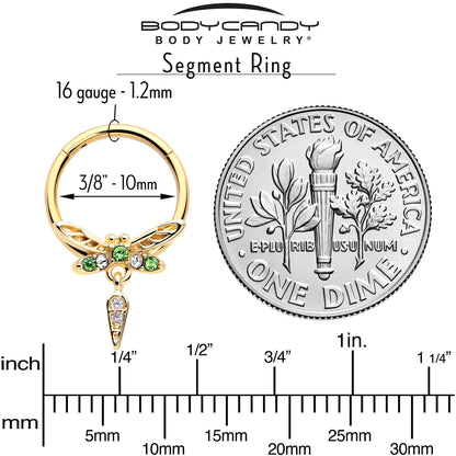 16G 3/8 Green Gem Gold Tone Swank Dragonfly Dangle Hinged Segment Ring