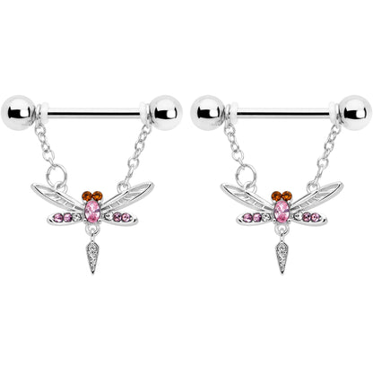 14G 9/16 Pink Gem Swank Dragonfly Dangle Nipple Ring Set