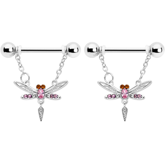 14G 9/16 Pink Gem Swank Dragonfly Dangle Nipple Ring Set