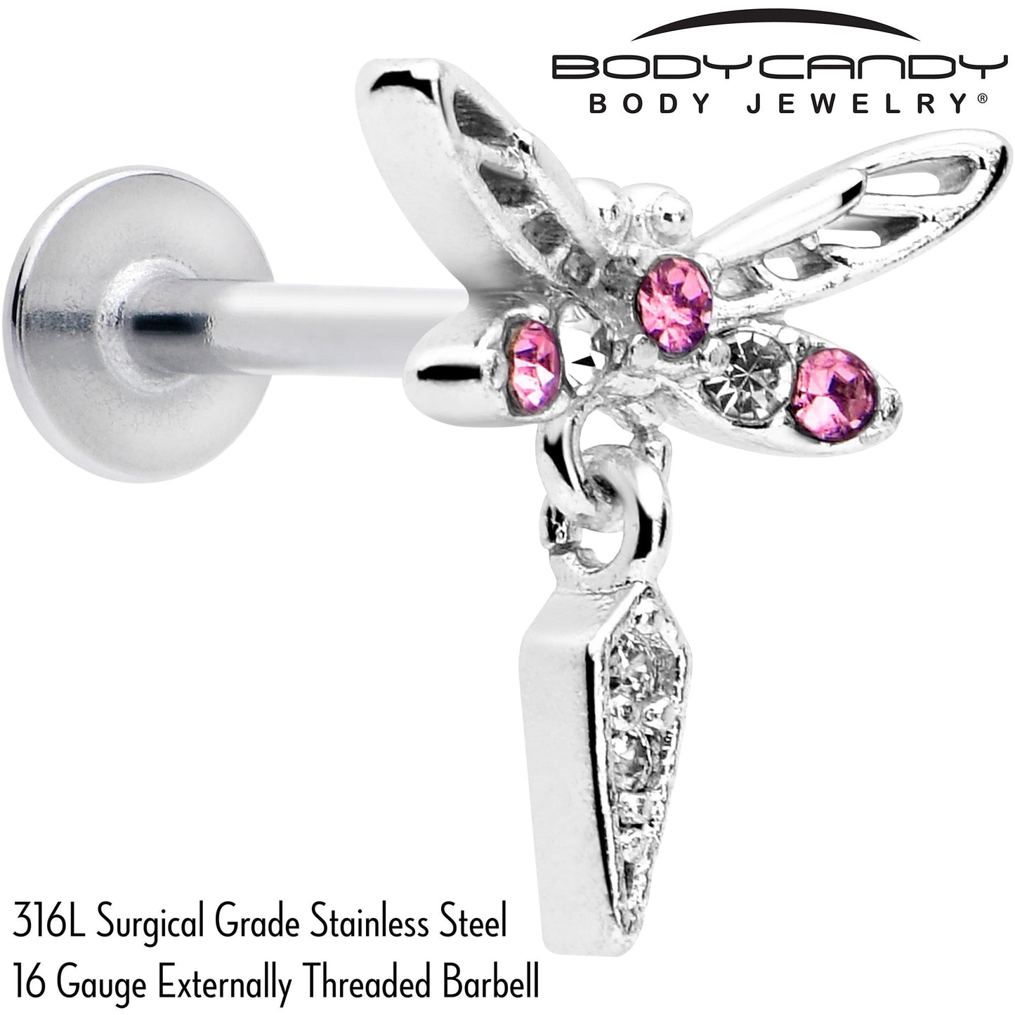 16G 5/16 Pink Gem Swank Dragonfly Dangle Labret Monroe Tragus