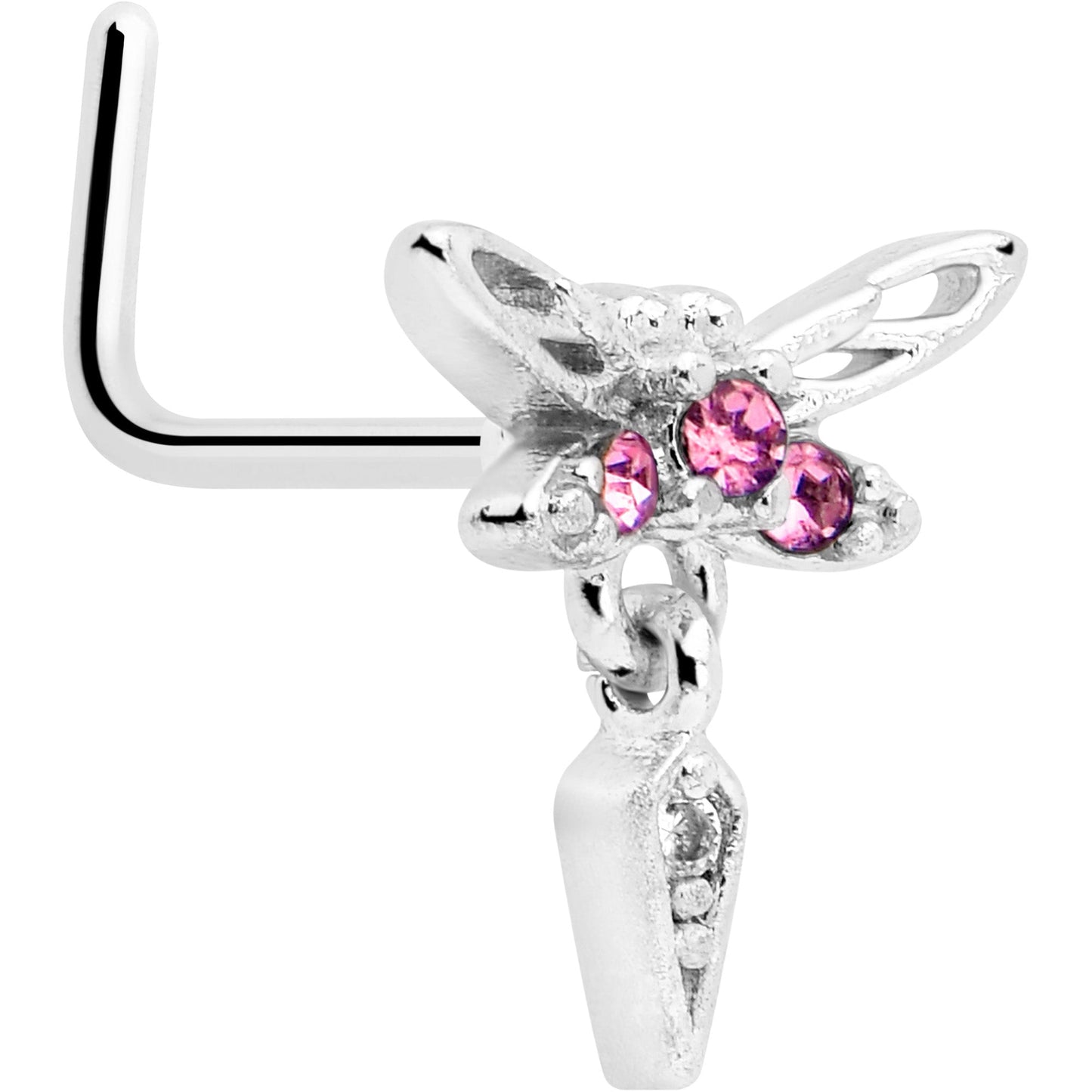 20G 7mm Pink Gem Swank Dragonfly Dangle L Shape Nose Ring