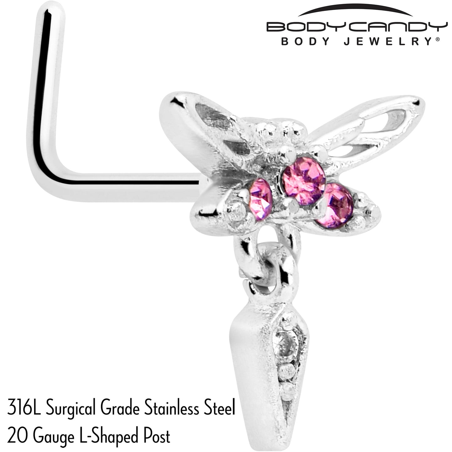 20G 7mm Pink Gem Swank Dragonfly Dangle L Shape Nose Ring