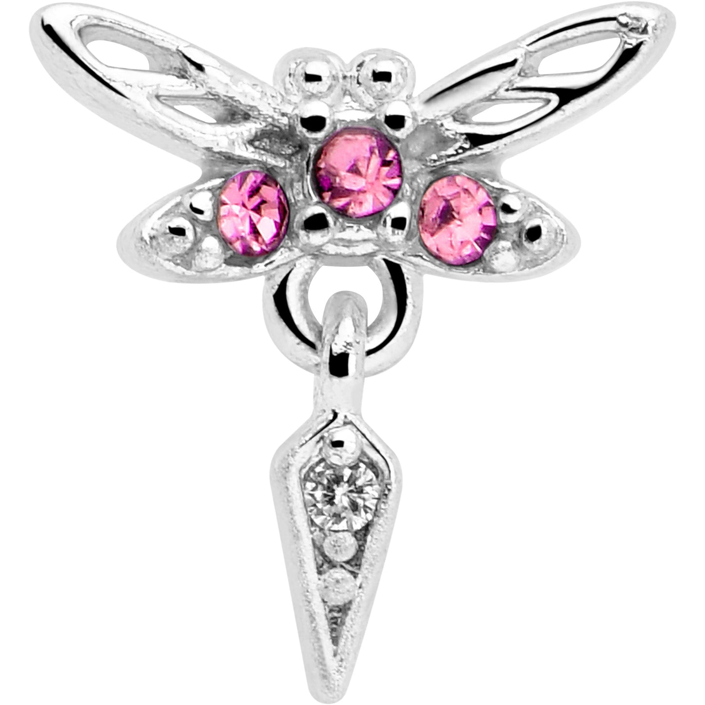 20G 7mm Pink Gem Swank Dragonfly Dangle L Shape Nose Ring