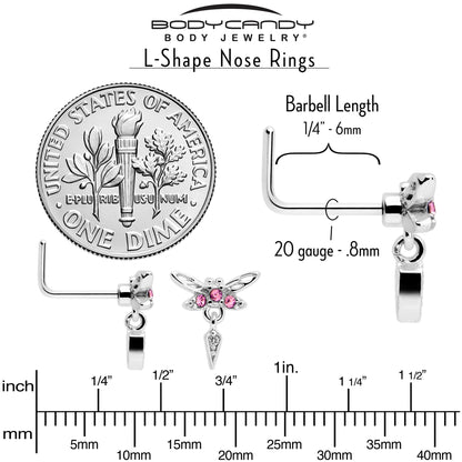 20G 7mm Pink Gem Swank Dragonfly Dangle L Shape Nose Ring