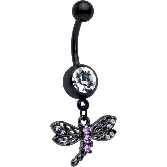 Purple CZ Gem Black Night Dragonfly Dangle Belly Ring