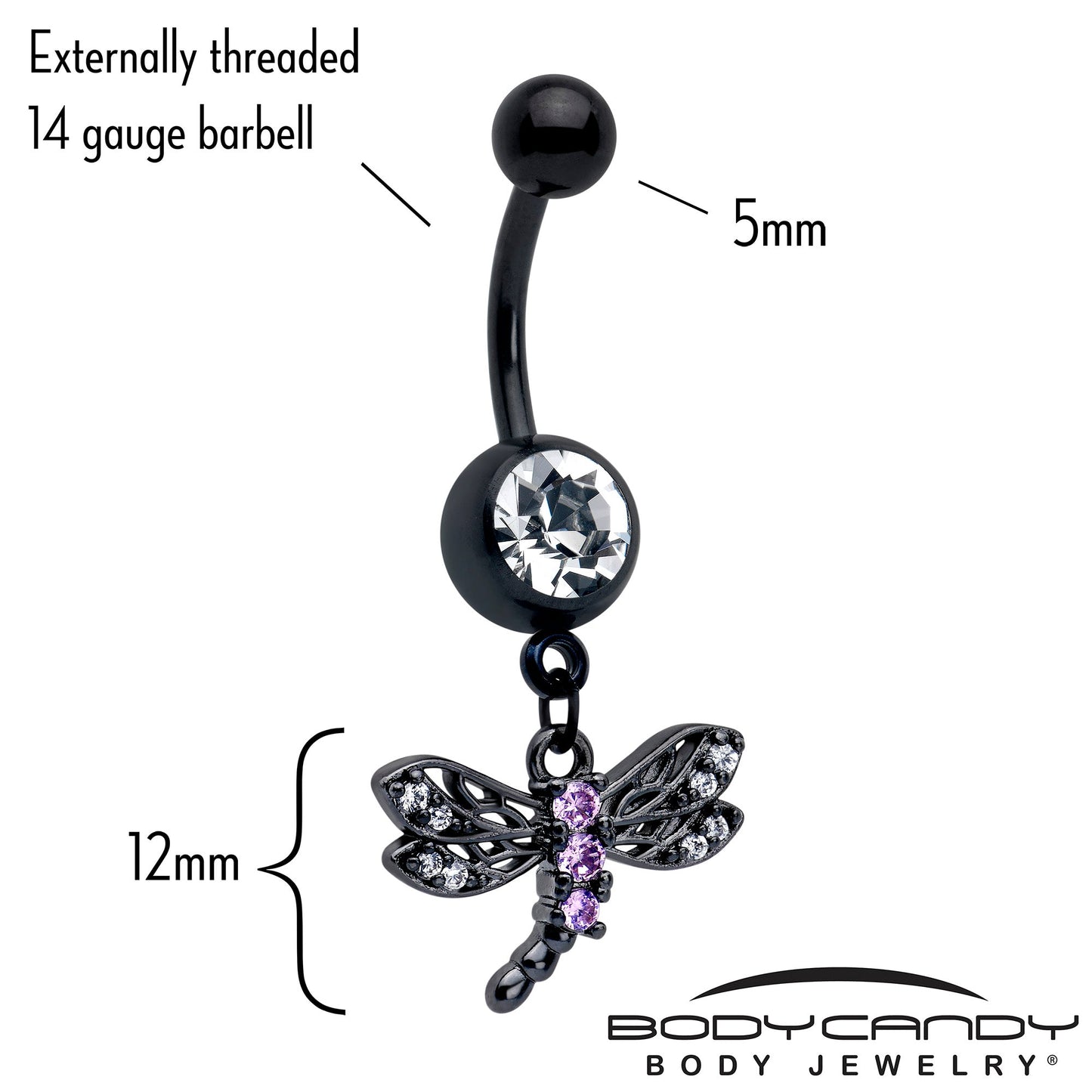Purple CZ Gem Black Night Dragonfly Dangle Belly Ring
