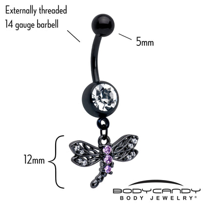 Purple CZ Gem Black Night Dragonfly Dangle Belly Ring
