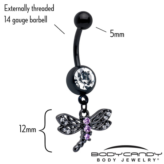 Purple CZ Gem Black Night Dragonfly Dangle Belly Ring
